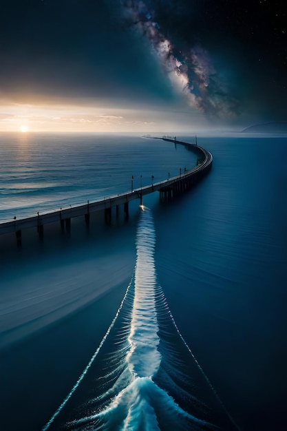 A bridge over the ocean with a dark sky and a lightning bolt in the background