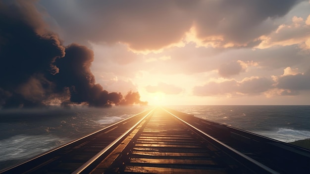 A bridge over the ocean with a sunset in the background.