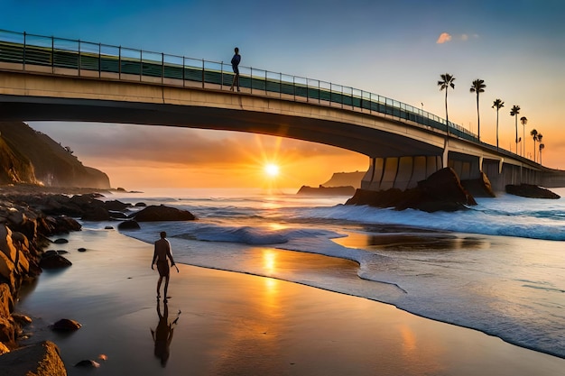 A bridge over the ocean with a sunset in the background