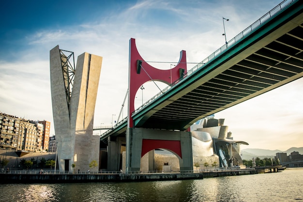 写真 背景に建物がある川を横断する橋