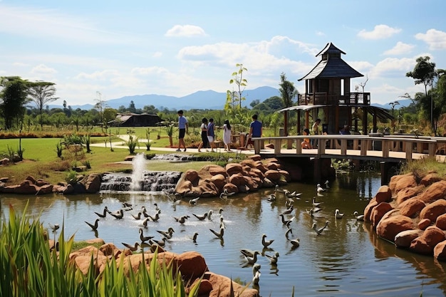 a bridge over a pond with birds and people on it