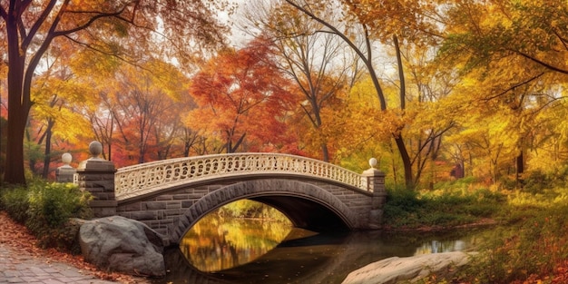 A bridge over a pond with fall colors