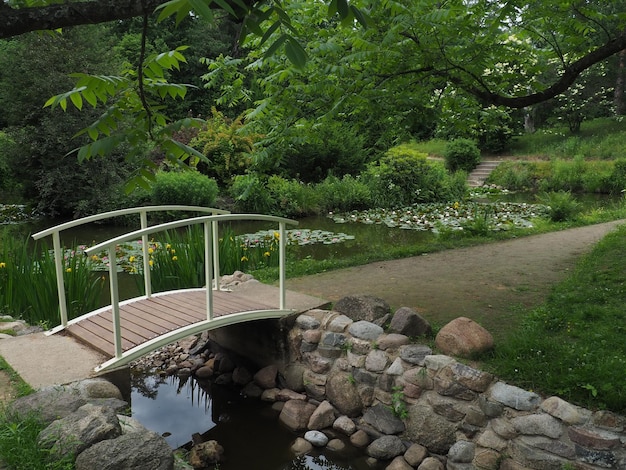 A bridge over a pond with a garden in the background