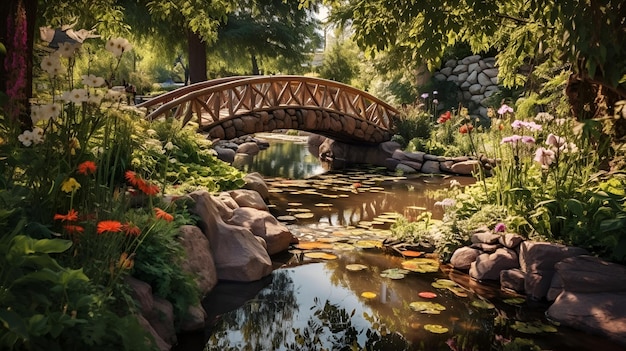 A bridge over a pond with water lilies and flowers