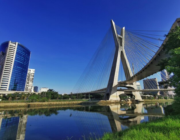 Bridge over river against blue sky