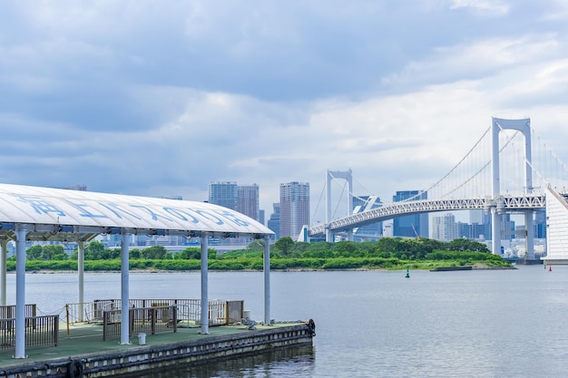 雲の空に逆らって川を渡る橋