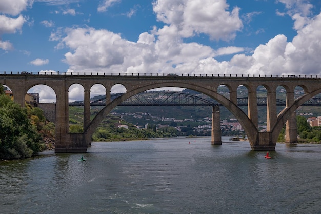 Ponte sul fiume contro il cielo in città