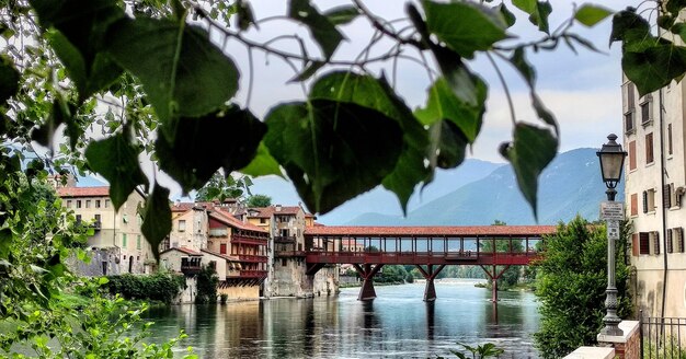 Bridge over river amidst buildings in city