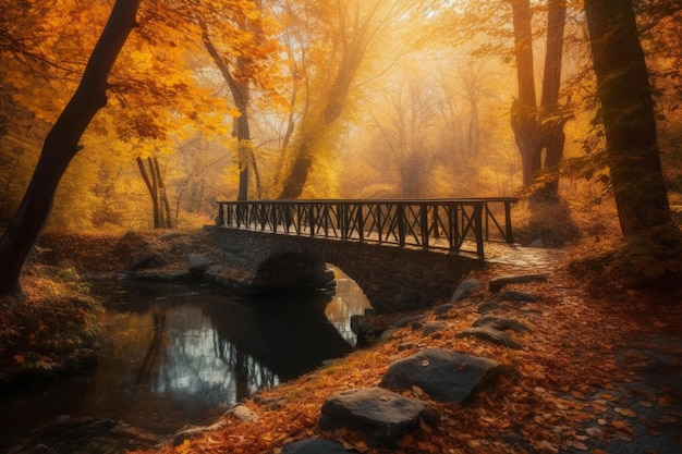 A bridge over a river in autumn