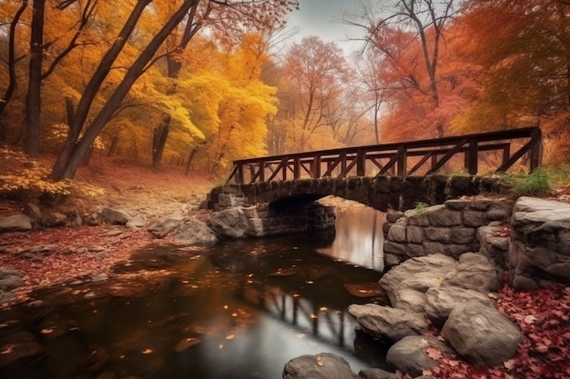 A bridge over a river in autumn