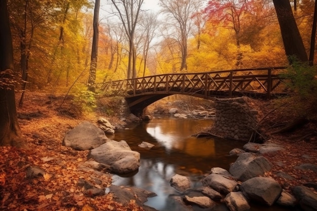 A bridge over a river in autumn