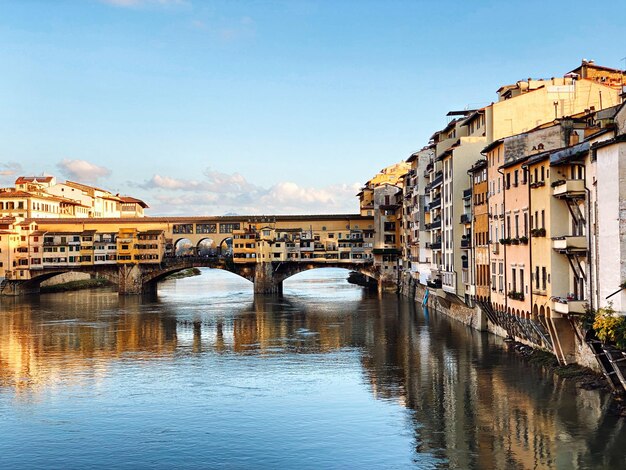 Bridge over river by buildings against sky in city