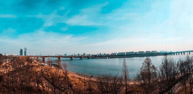 Bridge over river in city against sky