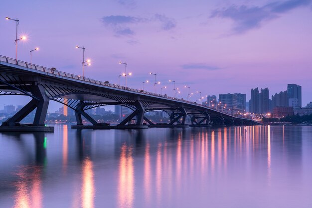 Foto ponte sul fiume in città di notte