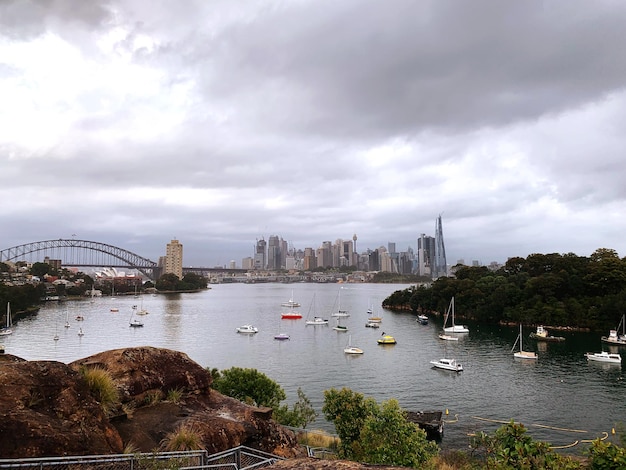 Photo bridge over river in city