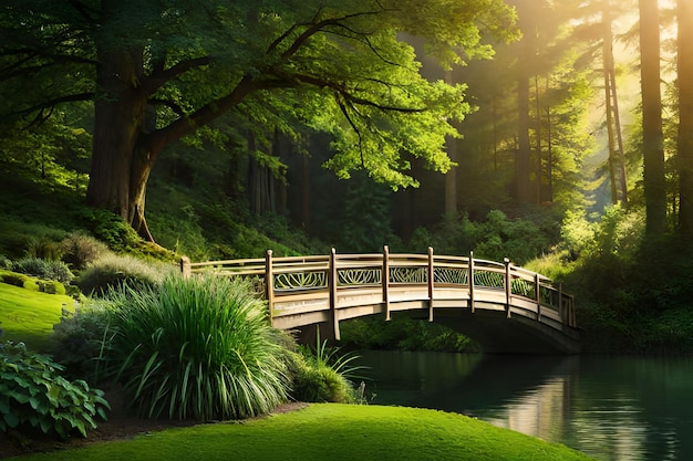 A bridge over a river in a forest