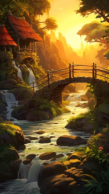 川 の 上 の 橋 と 華麗 な 太陽 の 光