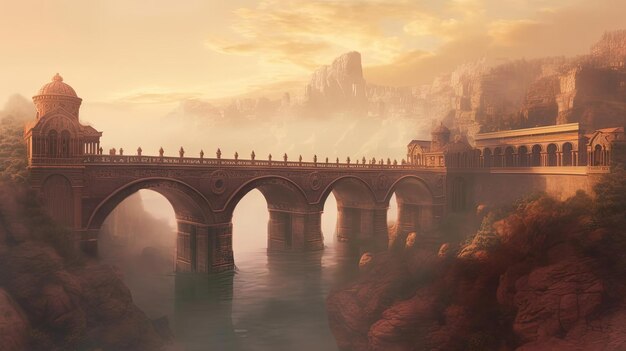 ゴシック様式の丘の頂上にある川を渡る橋