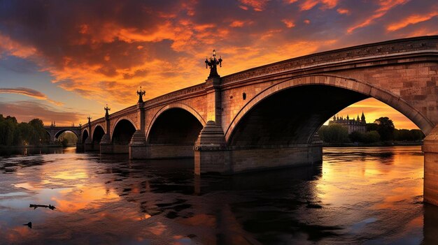 Photo bridge over the river at sunset