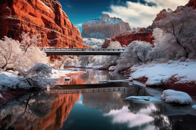 a bridge over a river surrounded by snow covered mountains