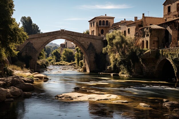 a bridge over a river with a bridge in the background