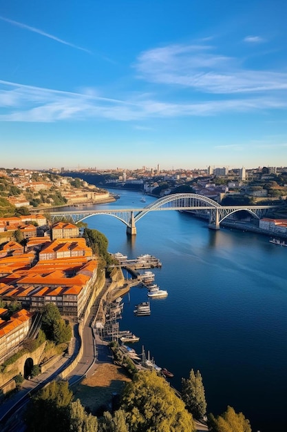 a bridge over a river with a bridge in the background