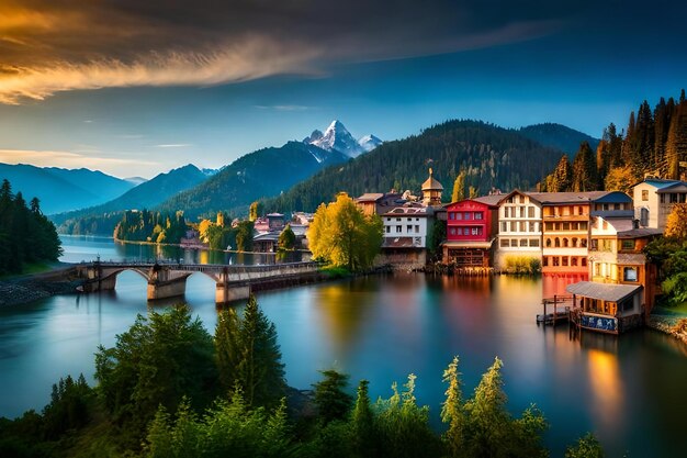 A bridge over a river with a bridge in the background