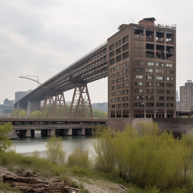 A bridge over a river with a building in the background.