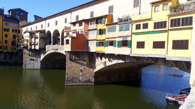 Bridge over river with buildings in background