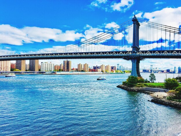 Bridge over river with buildings in background