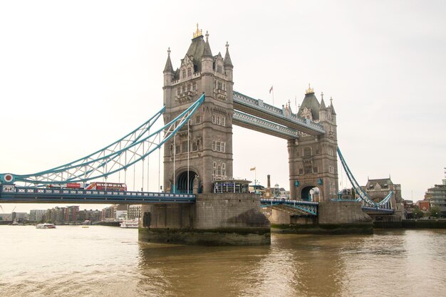 Photo bridge over river with city in background