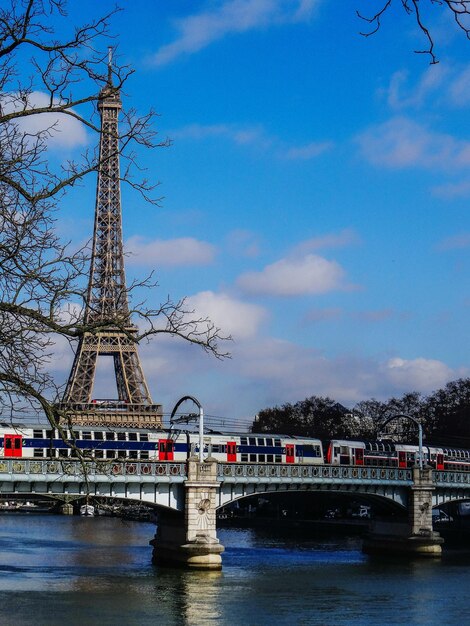 Bridge over river with city in background