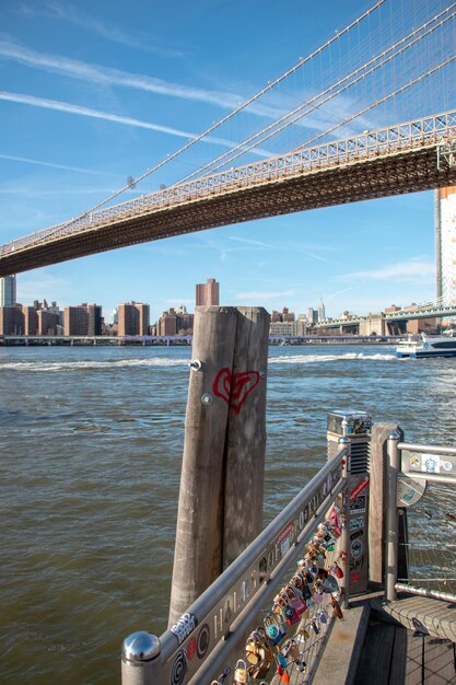 Bridge over river with city in background