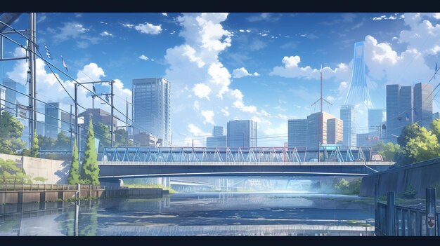 A bridge over a river with a city in the background