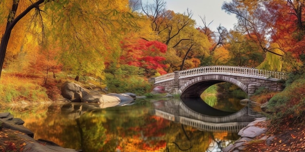 A bridge over a river with fall foliage in the background.