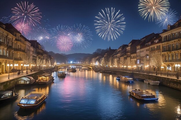 a bridge over a river with fireworks in the sky