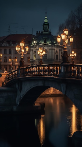 A bridge over a river with lights on it