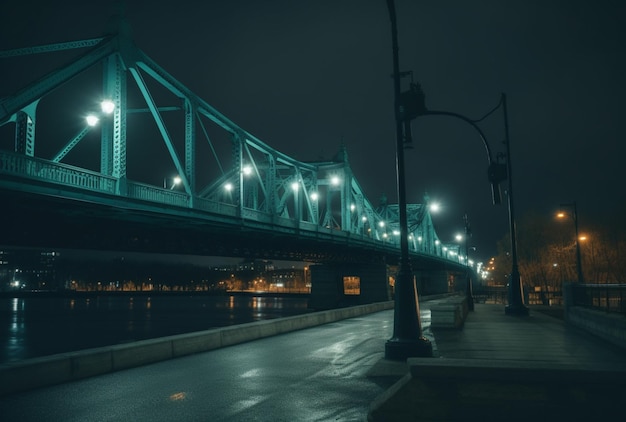 A bridge over the river with lights on