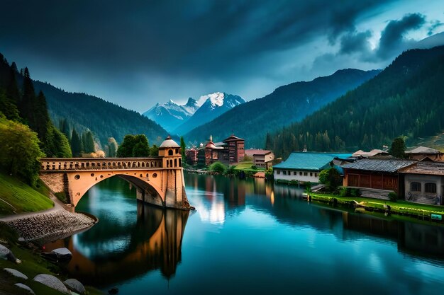 A bridge over a river with a mountain in the background