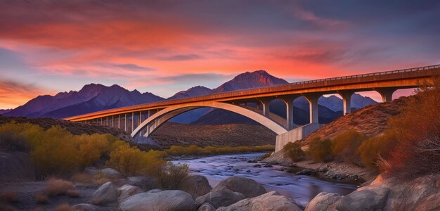 A bridge over a river with mountains in the background