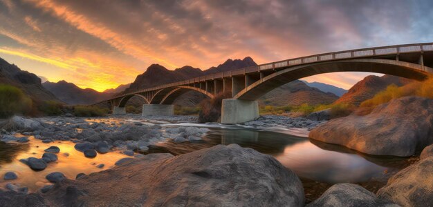 A bridge over a river with mountains in the background