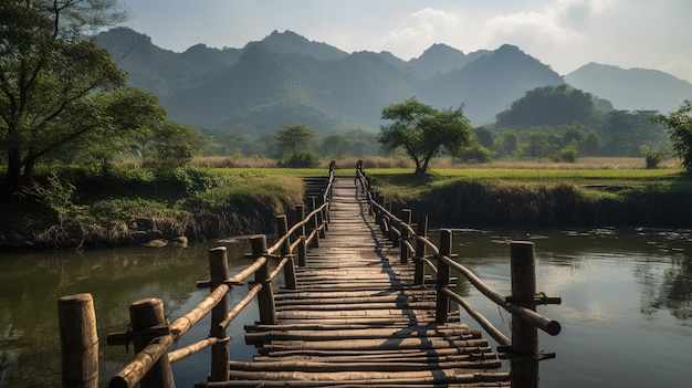 A bridge over a river with mountains in the background