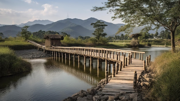 A bridge over a river with mountains in the background