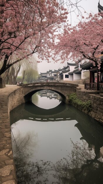 A bridge over a river with pink flowers