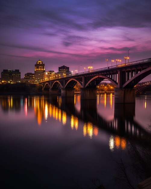 A bridge over a river with a purple sky and lights.