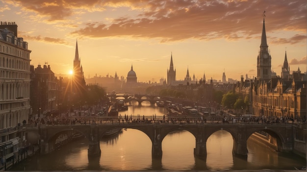 a bridge over a river with the sun setting behind it