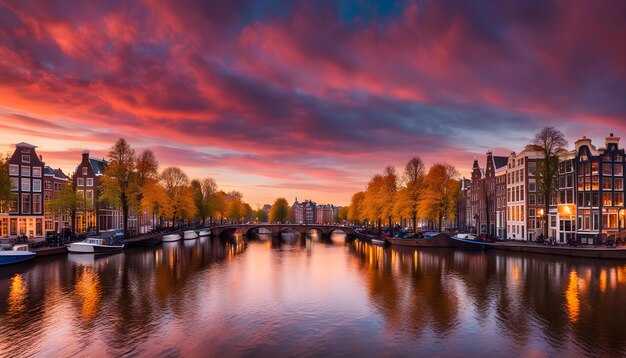 Photo a bridge over a river with a sunset in the background