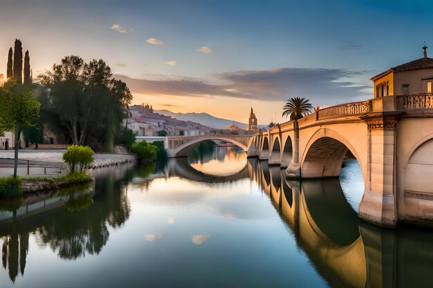 Foto un ponte sopra un fiume con un tramonto sullo sfondo