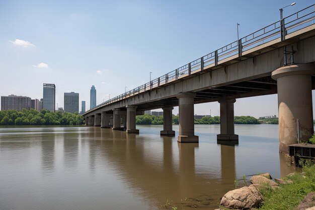 生成 AI で作成された、遠くの街のスカイラインを望む川にかかる橋