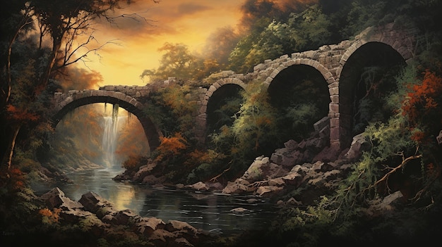 Bridge over a river with a waterfall in the background